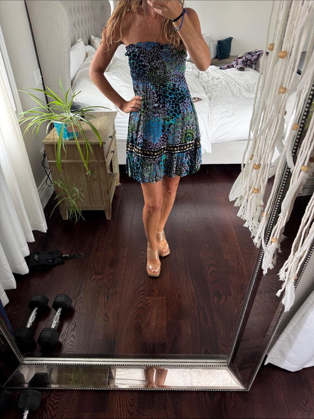 Steve Madden Strapless Teal and Navy Patterned Mini Dress